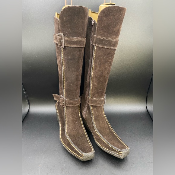 Pons Quintana Tall Brown Suede Zip-Up Wedge Boots w/ Buckles, Excellent! - Picture 3 of 12